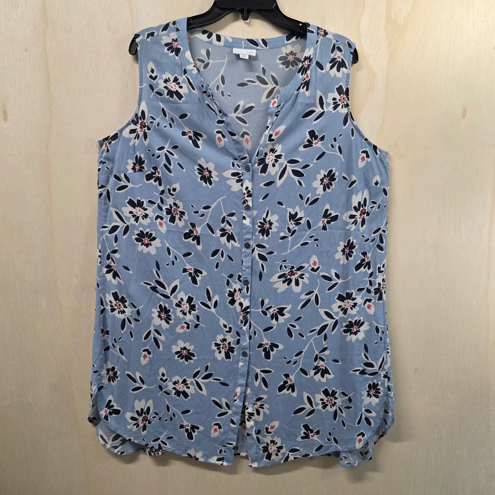 J. Jill Blue Floral Sleeveless Button Front Tunic Top Rayon 1X Womens